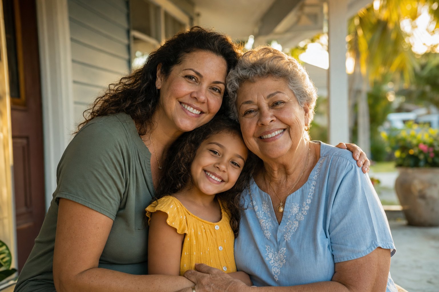 Three generations of a family embracing warmly on their front porch