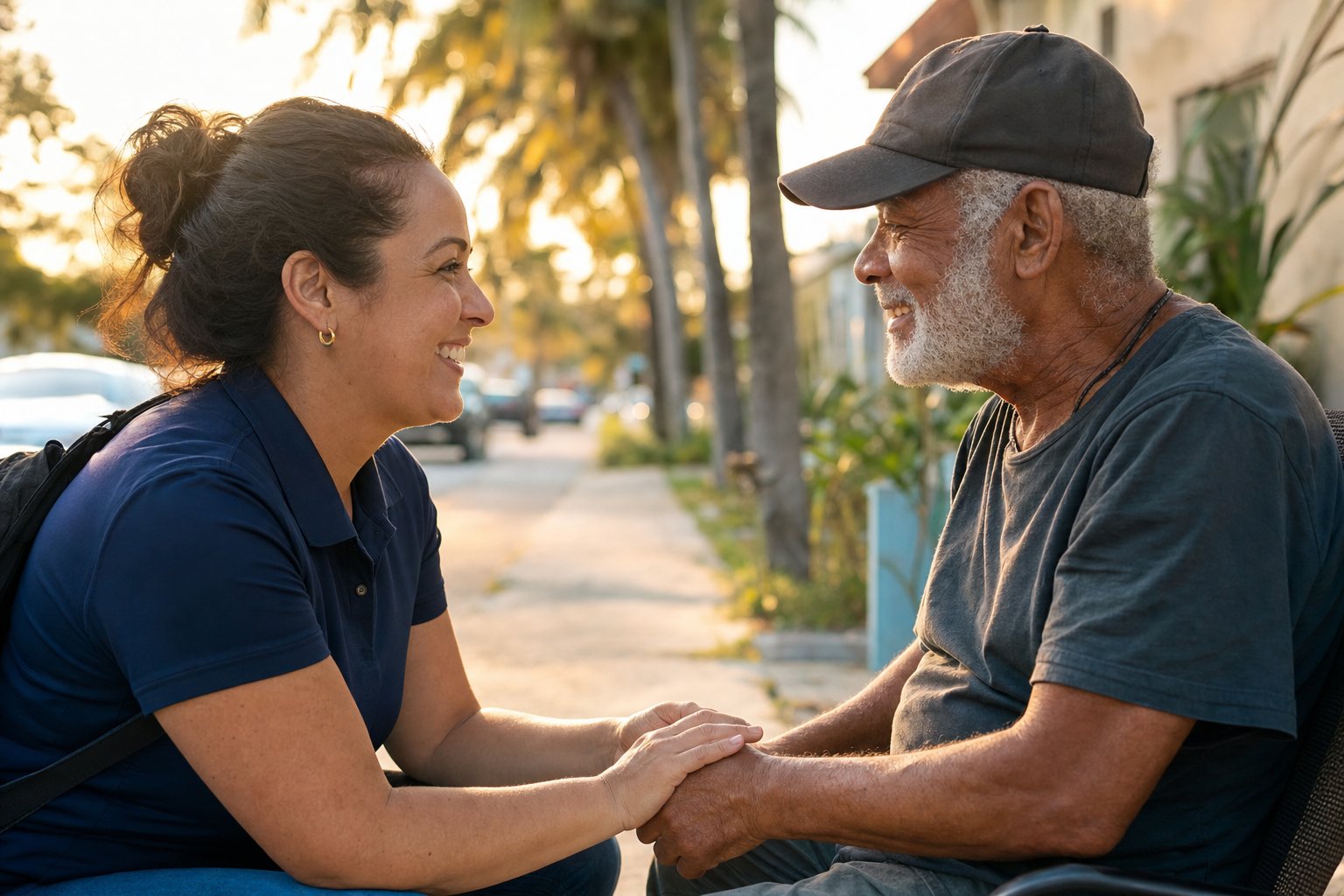 An outreach worker warmly holding the hands of an older neighbor on a Florida sidewalk